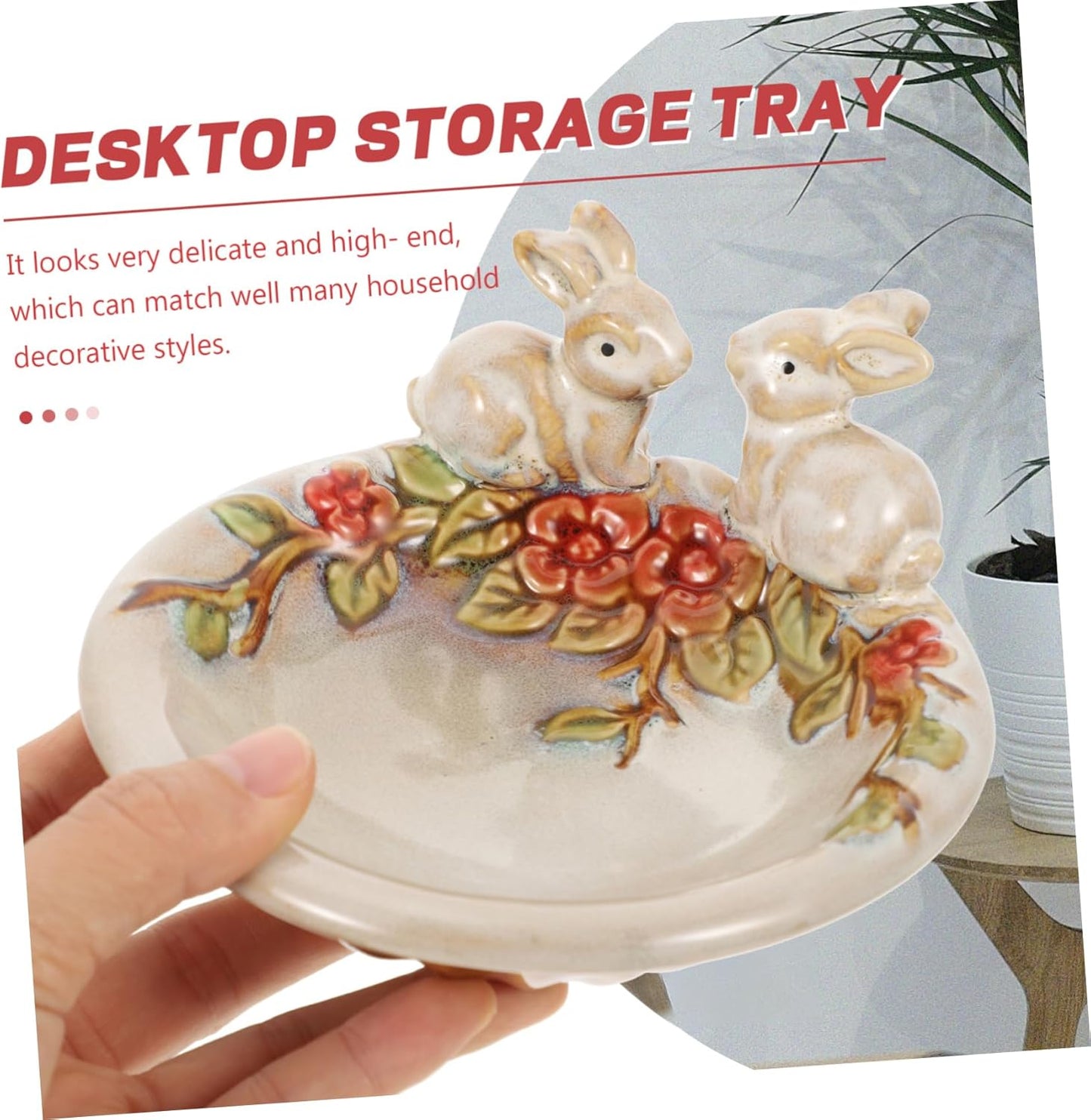 Ceramic Fawn Garden Dish – Handcrafted Decorative Bowl with Rabbit & Floral Design