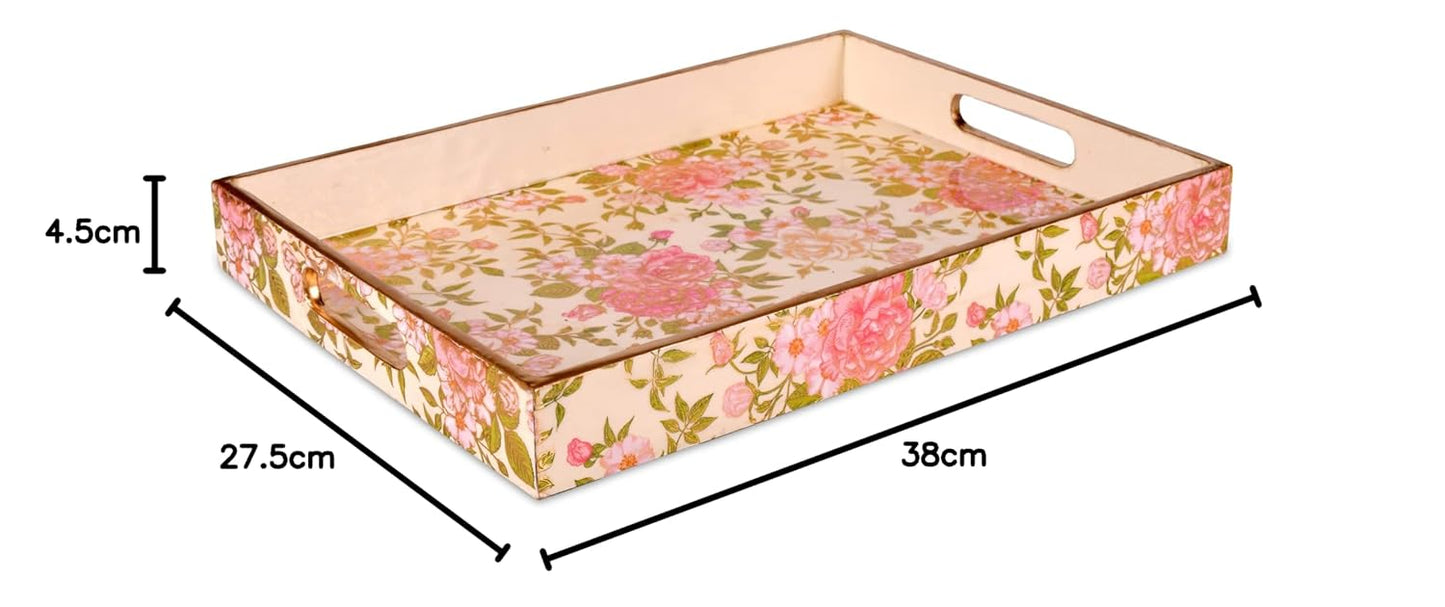 Wooden Glossy Floral Serving Tray Pink Blossom || Gold Plated Designs Large