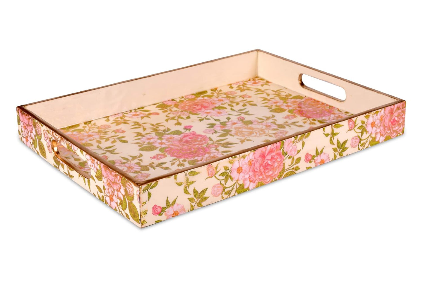 Wooden Glossy Floral Serving Tray Pink Blossom || Gold Plated Designs Large