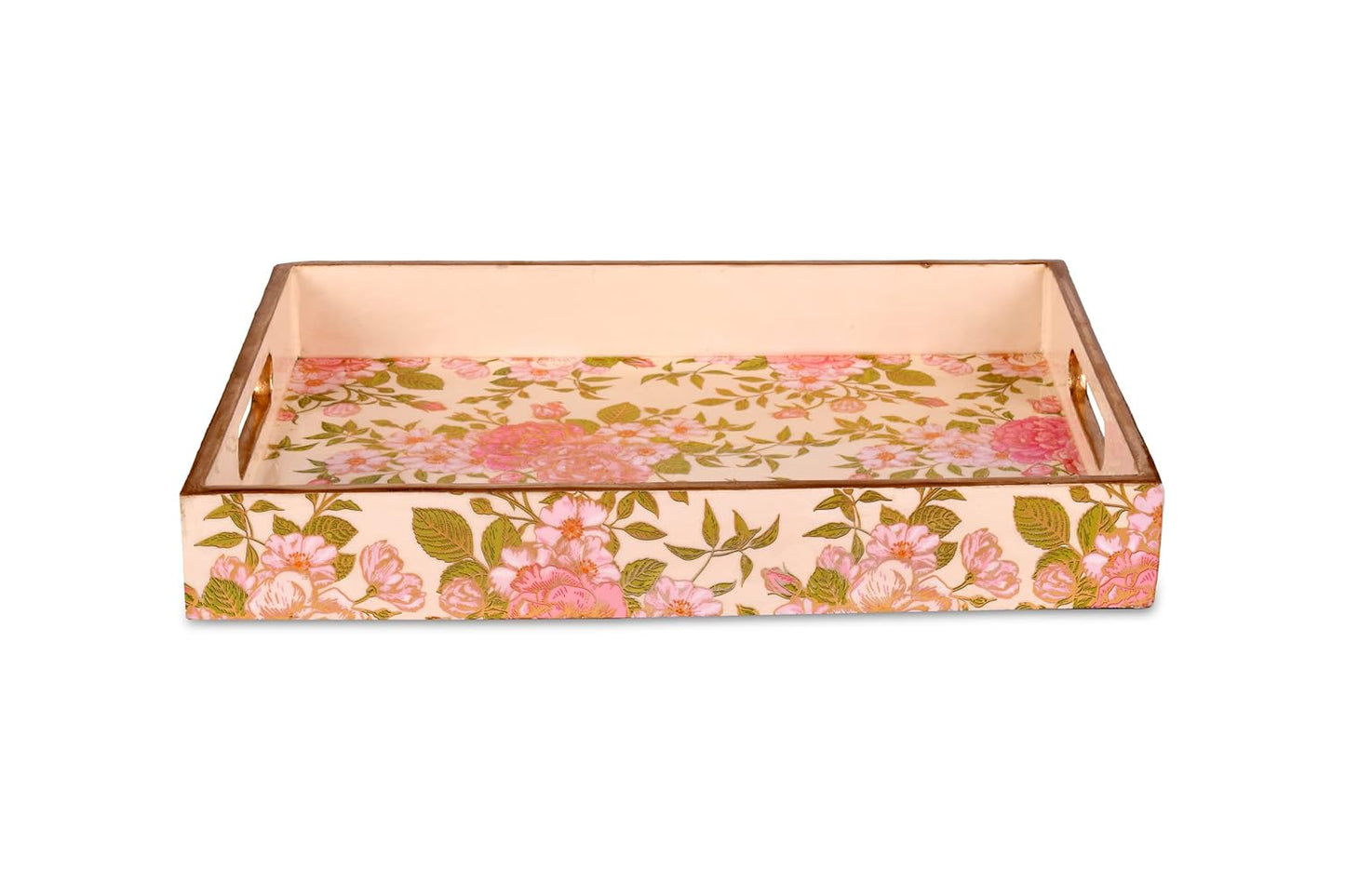 Wooden Glossy Floral Serving Tray Pink Blossom || Gold Plated Designs Medium