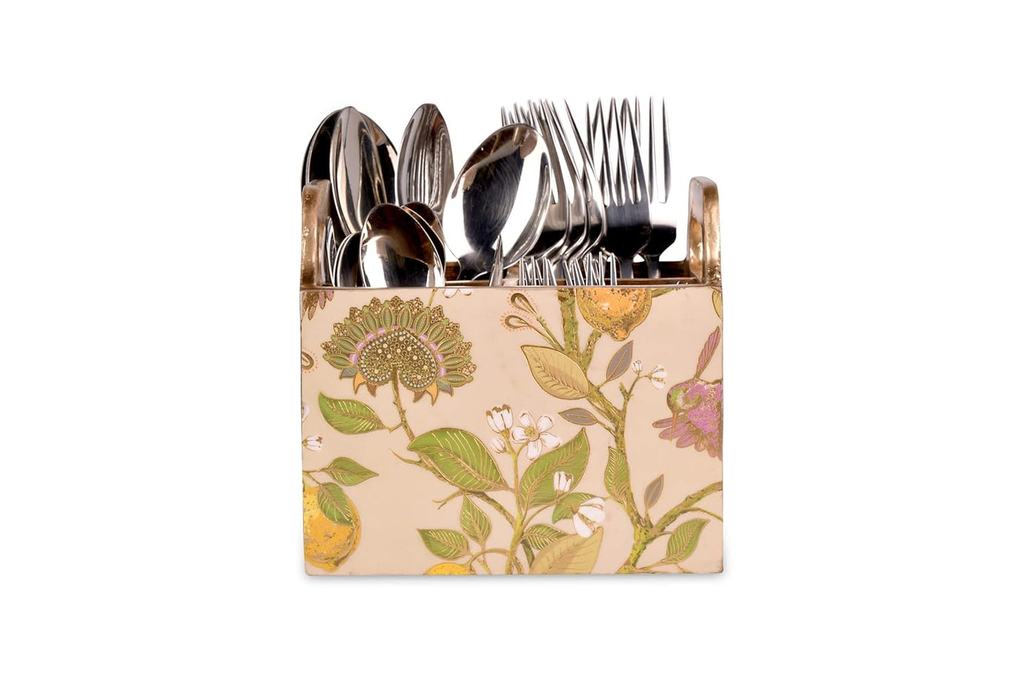Cutlery Holder Wooden Floral Multi Colour with 4 Partitions