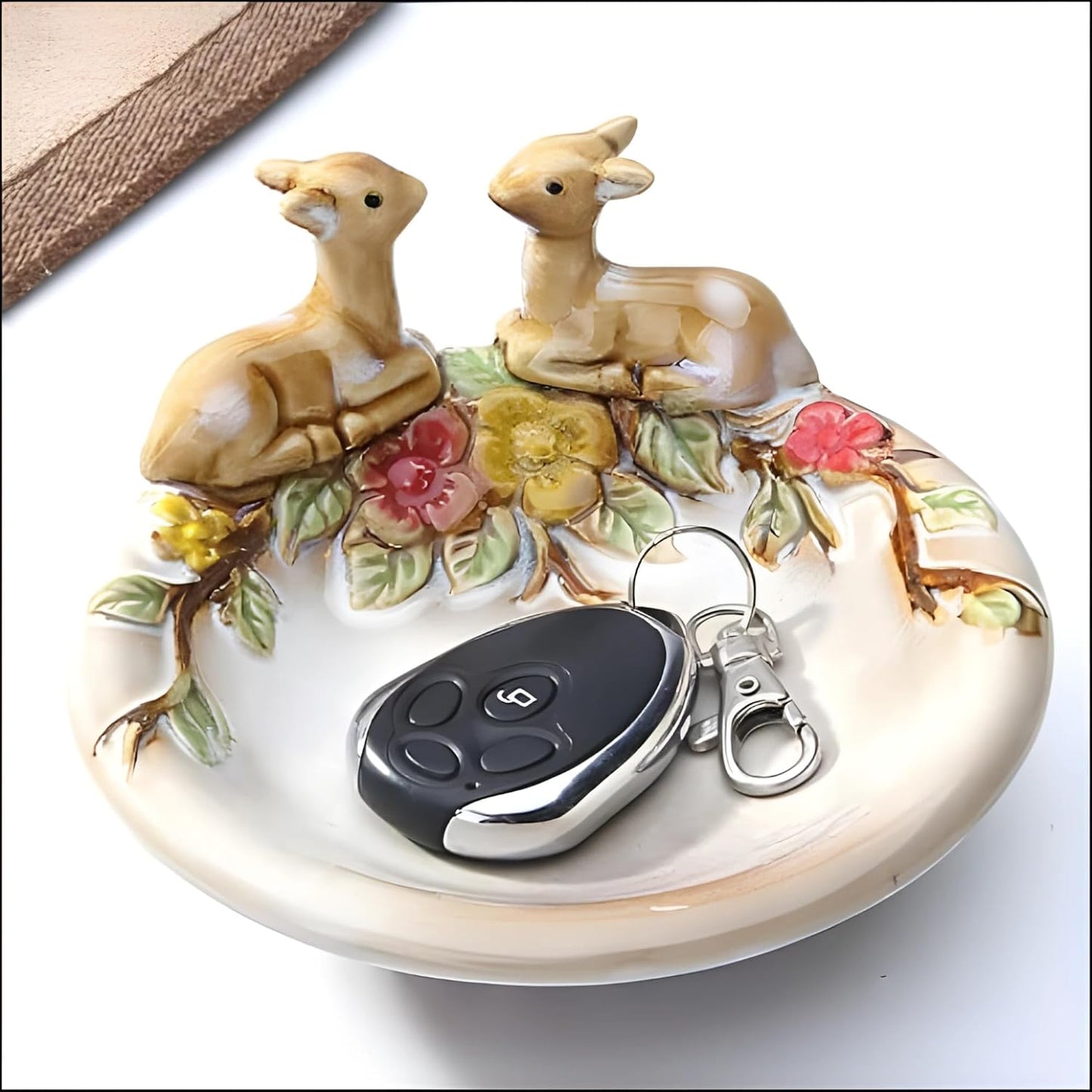 Ceramic Fawn Garden Dish – Handcrafted Decorative Bowl with Deer & Floral Design