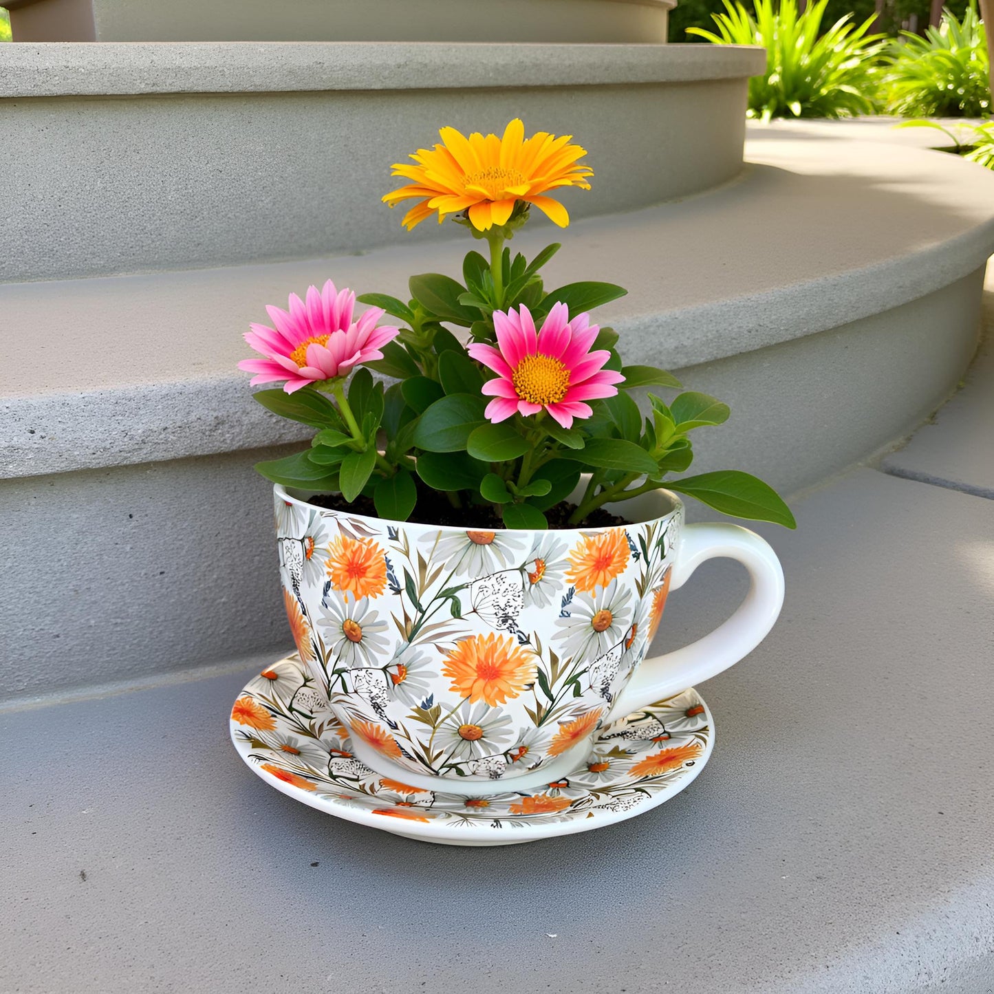 Decorative Oversized Floral Cup and Saucer Style – Ceramic Planter
