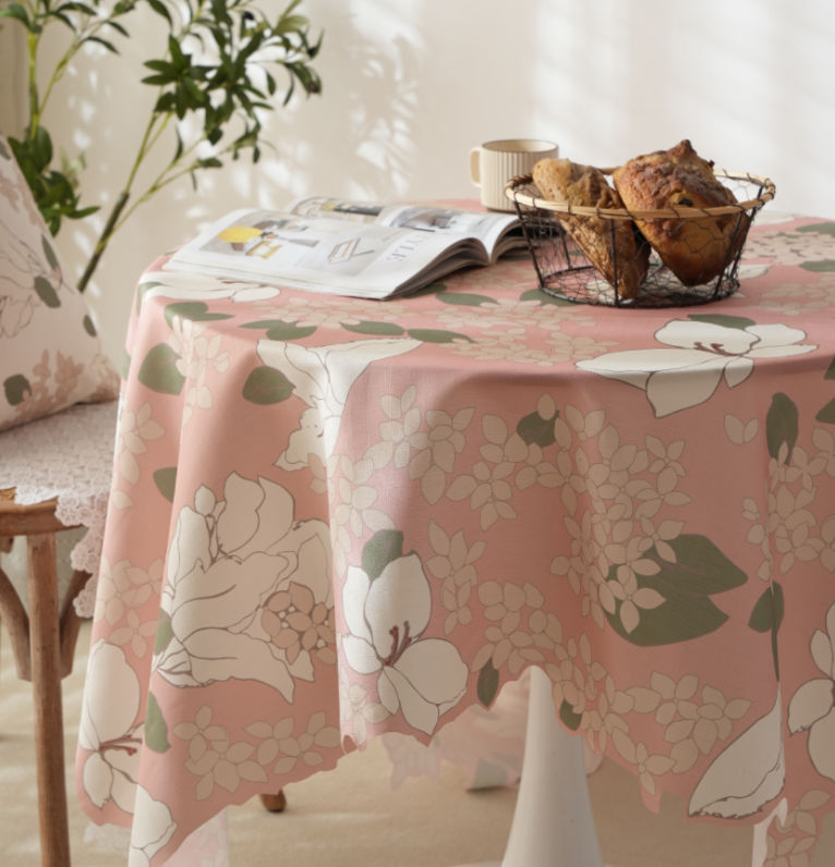 Soft Cotton Dining Tablecloth with Pink & Green Leaf Print