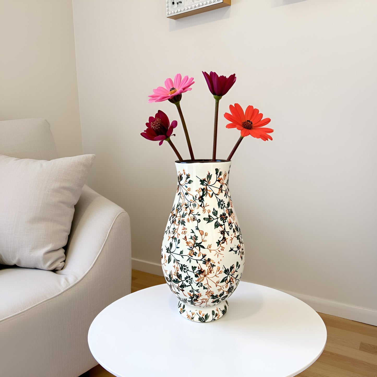 Elegant Floral Ceramic Vase – Wide Belly Decorative Flower Pot