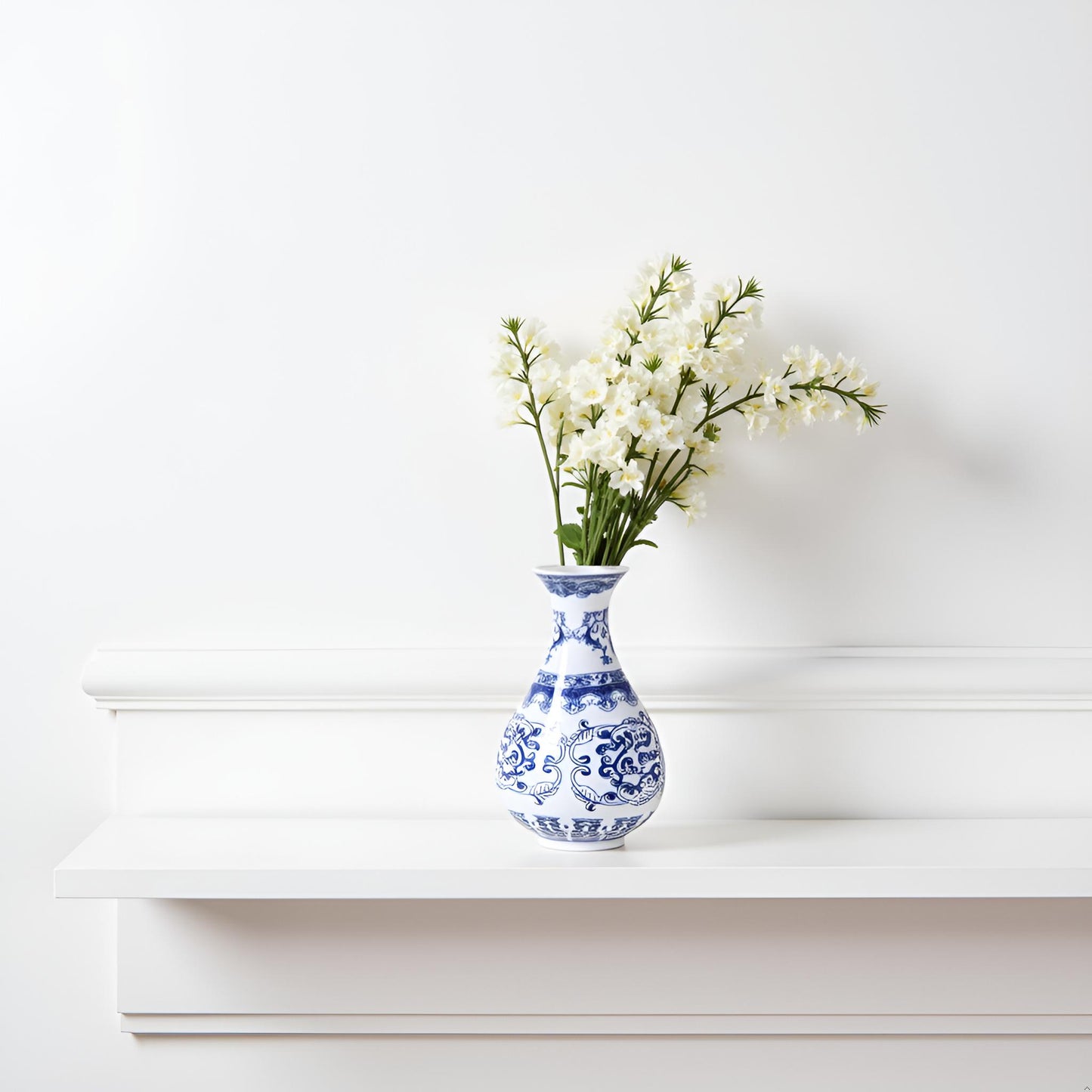 Blue and White Ceramic Vase with Classic Floral Oriental Pattern