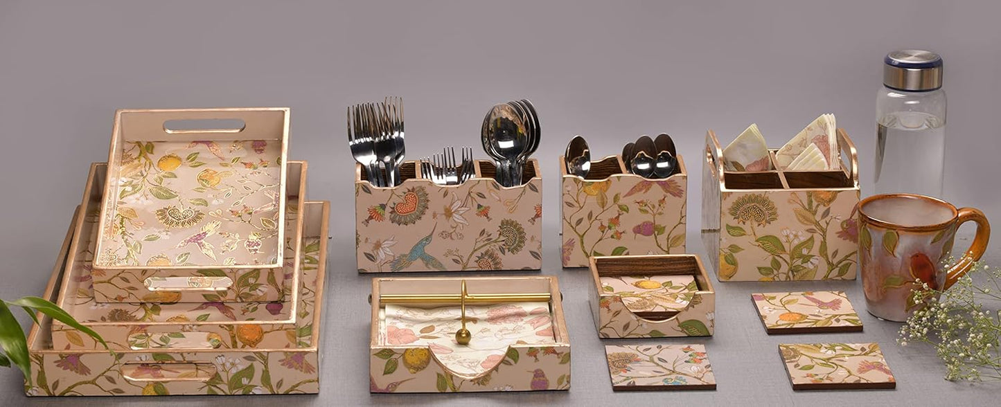 Cutlery Holder Wooden Floral Multi Colour with 4 Partitions