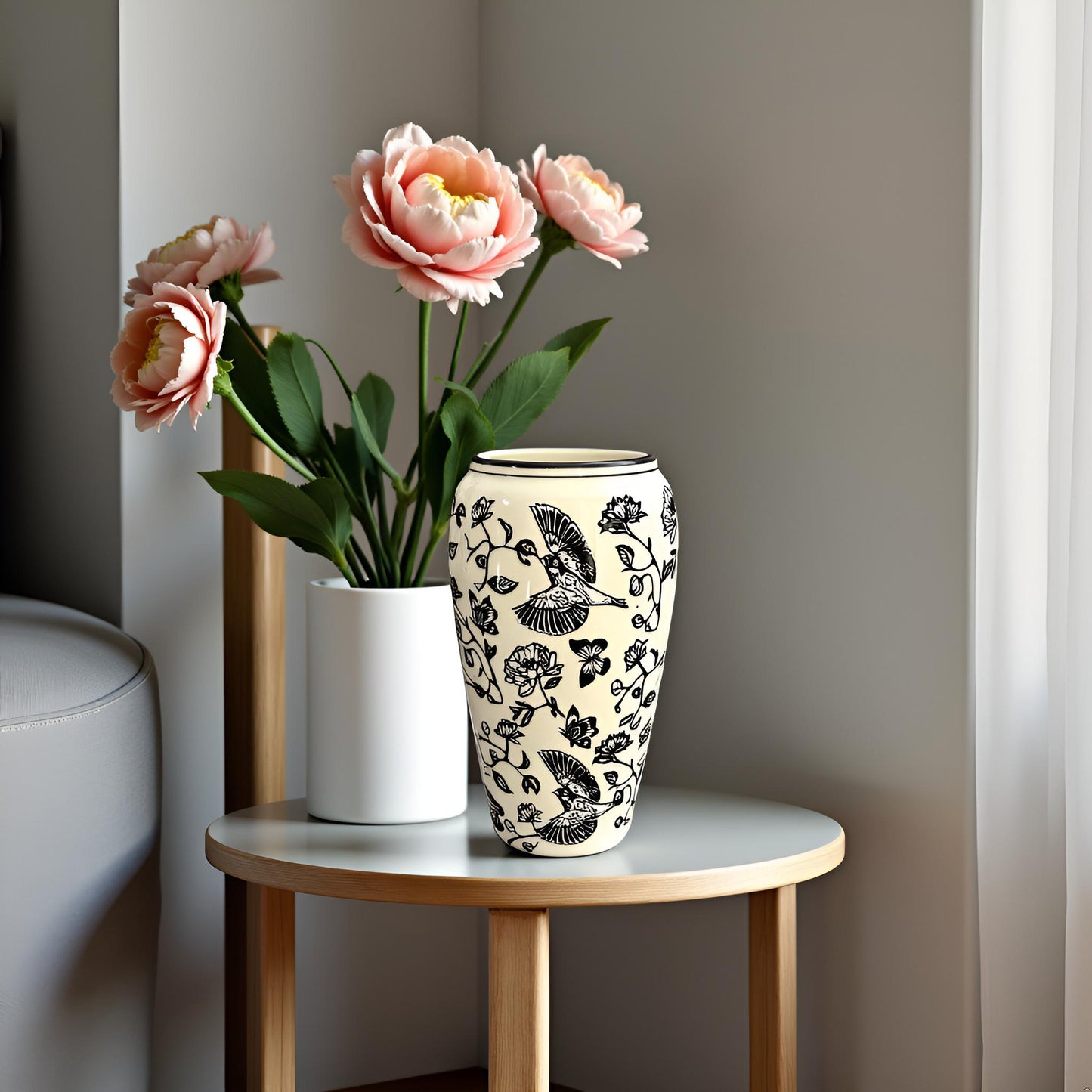 Elegant Black & White Ceramic Vase with Bird and Floral Design - Medium