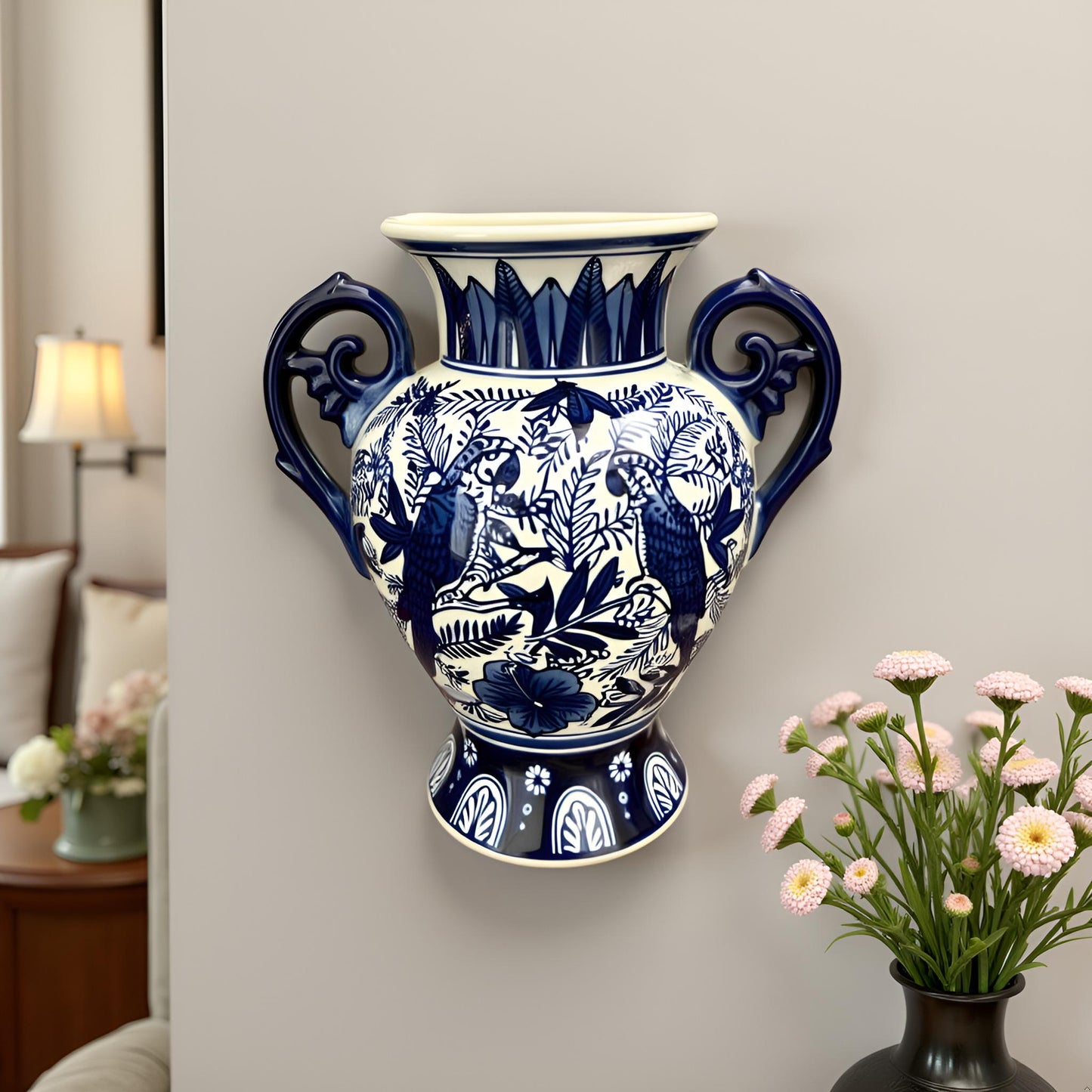 Oriental Blue & White Ceramic Two-Handled Vase with Bird & Floral Design – Handcrafted Decorative Showpiece