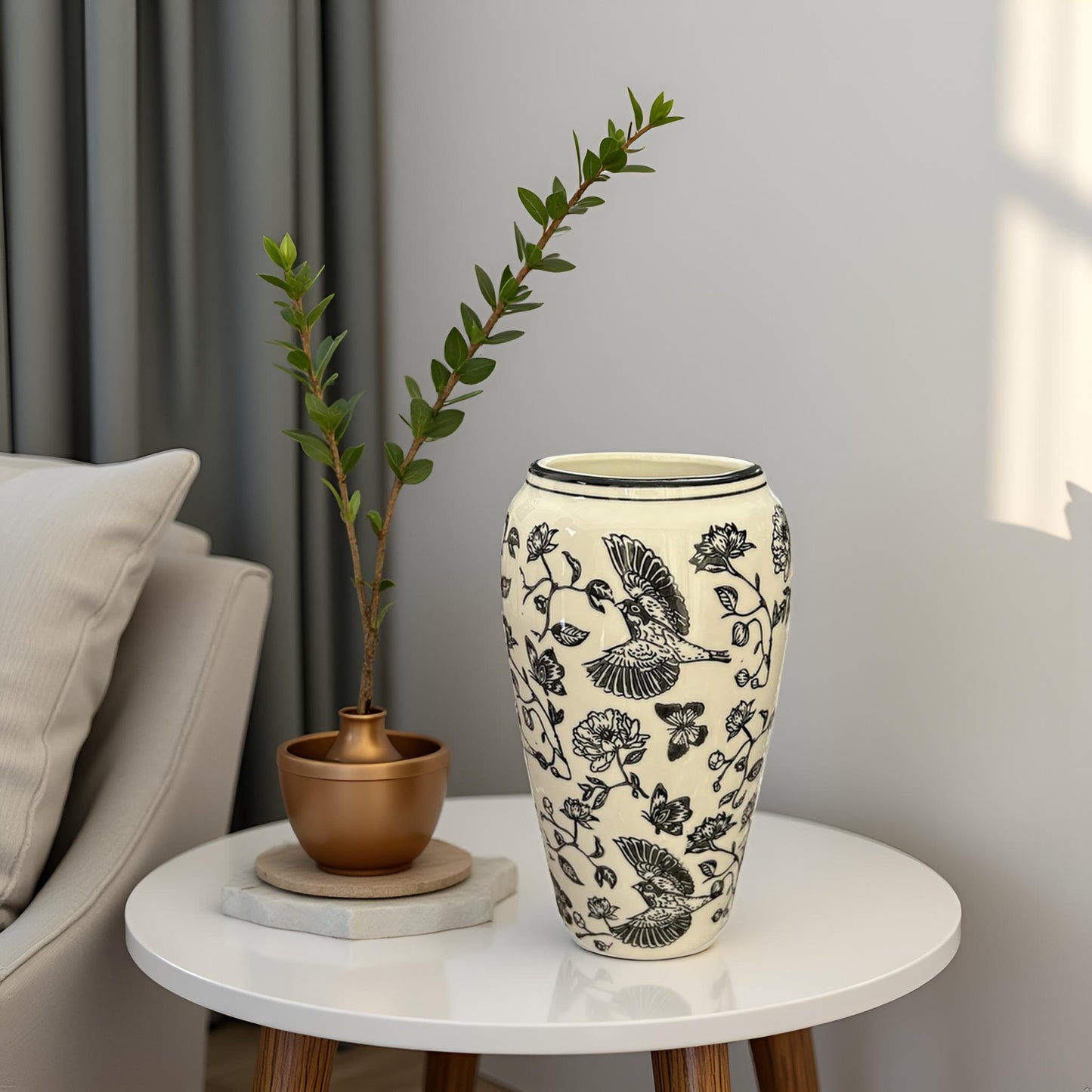 Elegant Black & White Ceramic Vase with Bird and Floral Design (Large)