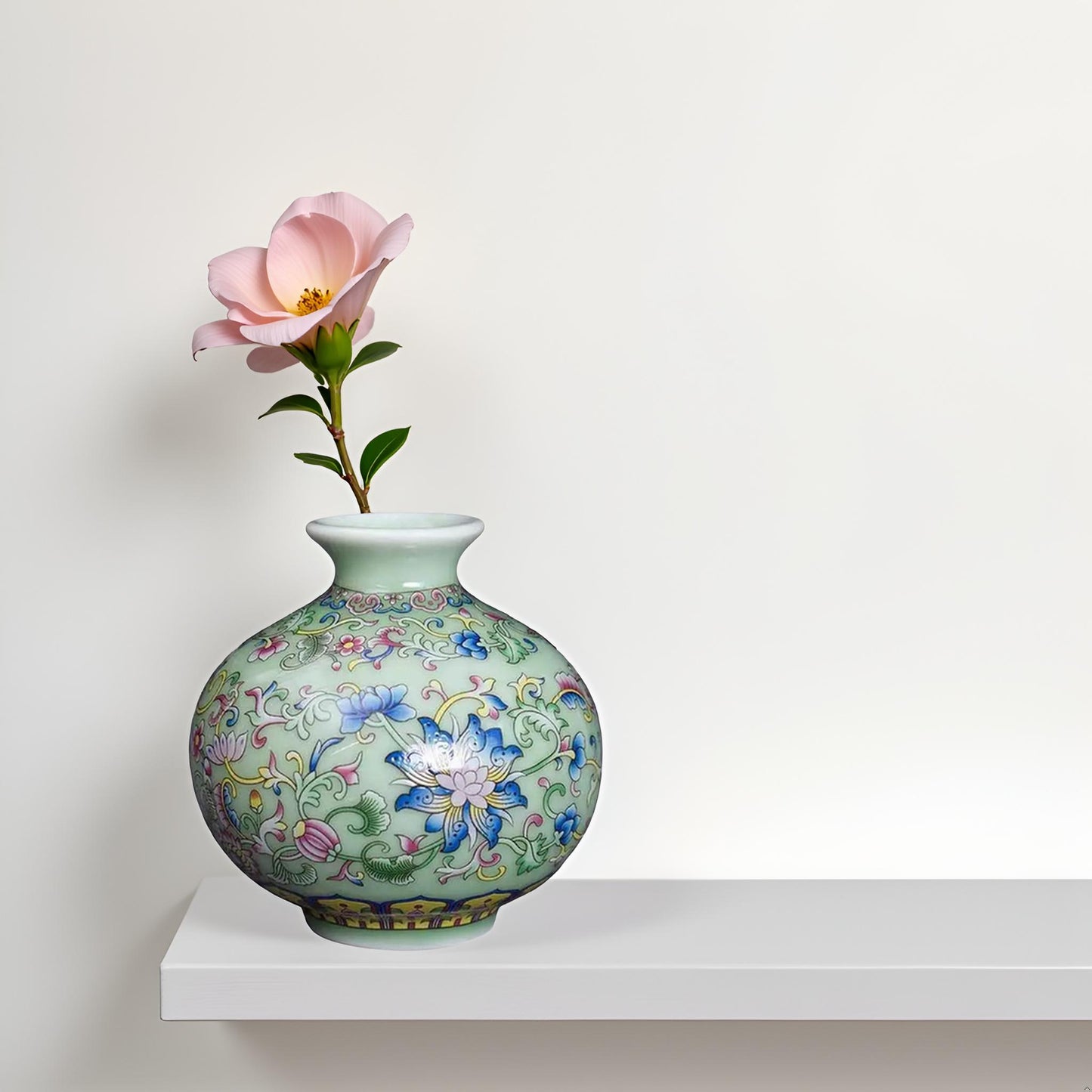 Round Ceramic Vase with Multicolor Floral Oriental Design