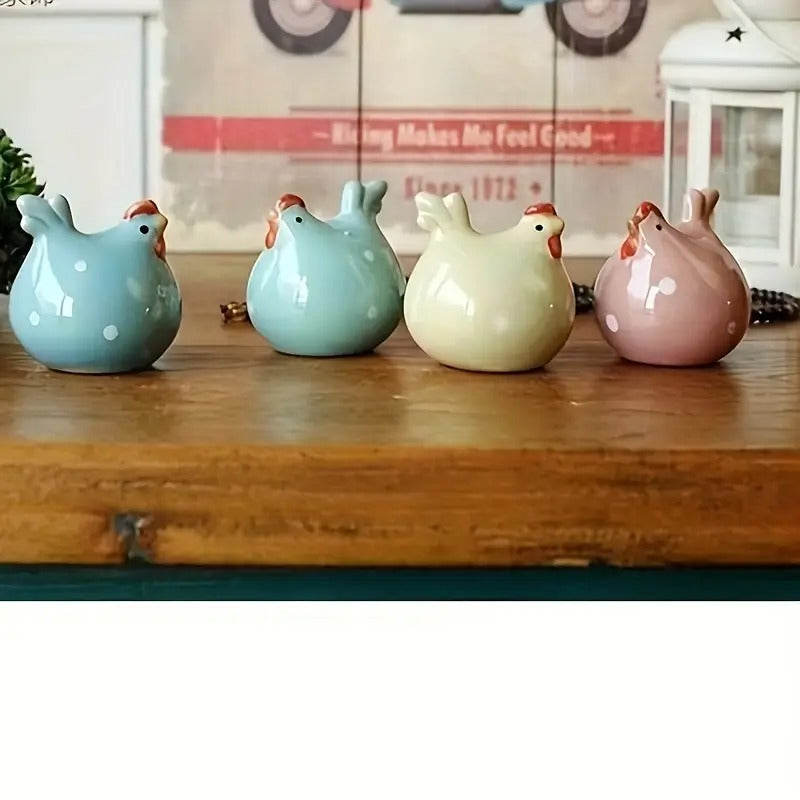 Colorful Rooster & Hen Ceramic Figurine | Set of 4 | SMALL