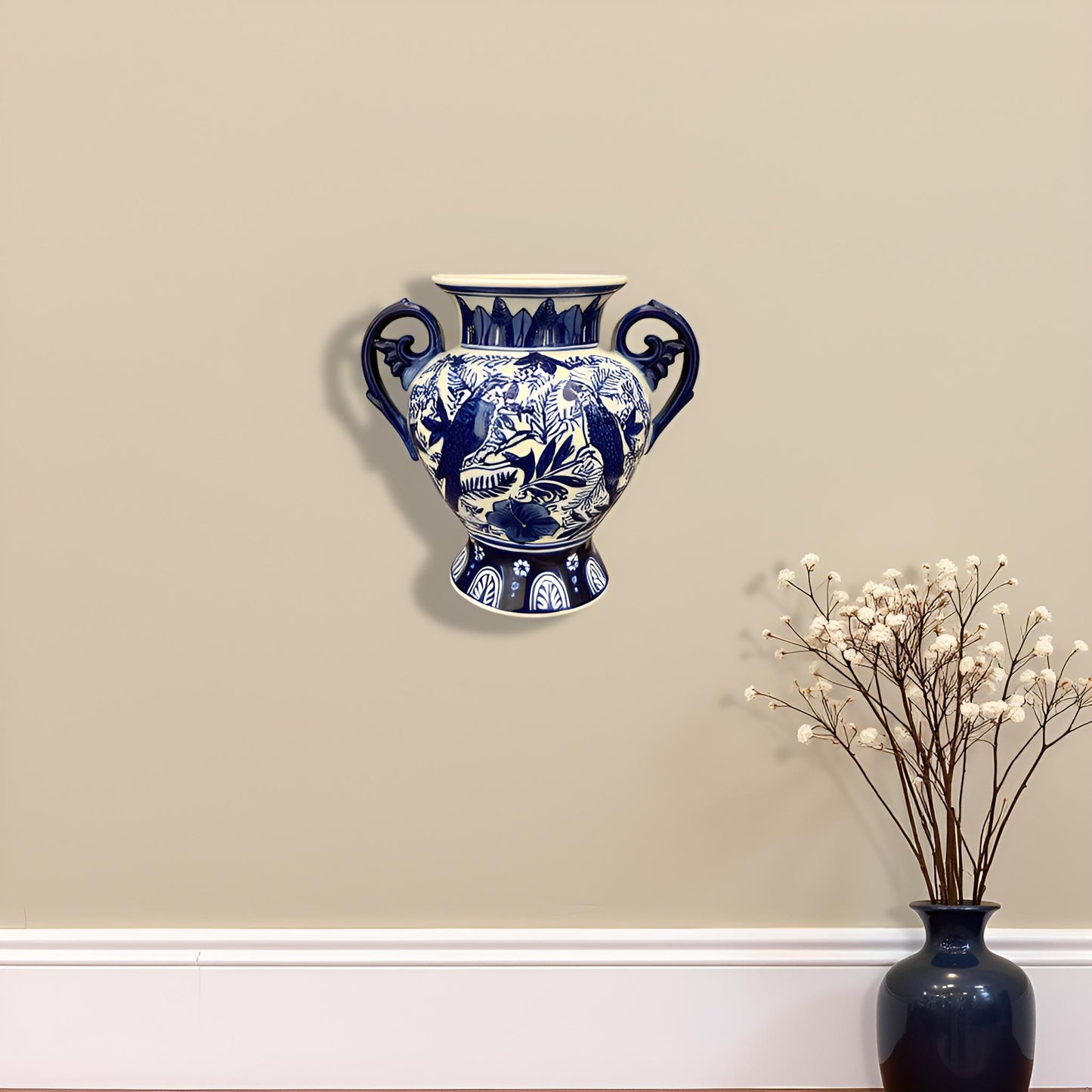 Oriental Blue & White Ceramic Two-Handled Vase with Bird & Floral Design – Handcrafted Decorative Showpiece