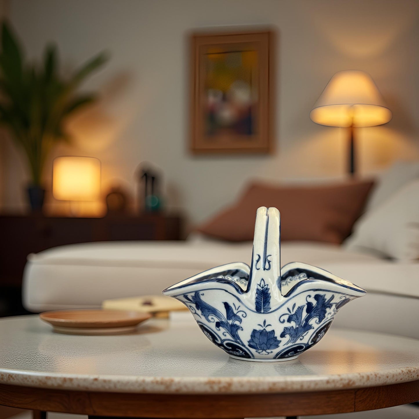 Elegant Blue & White Ceramic Basket Bowl with Handle – Decorative Home Accent