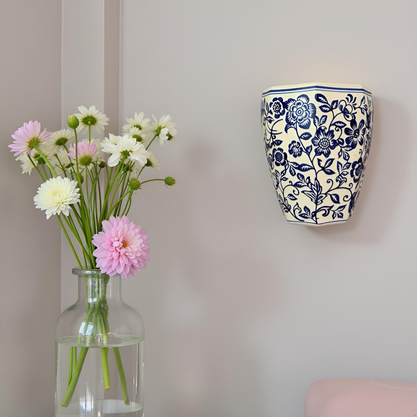 Oriental Blue & White Ceramic Wall Vase – Handcrafted Floral Wall Décor