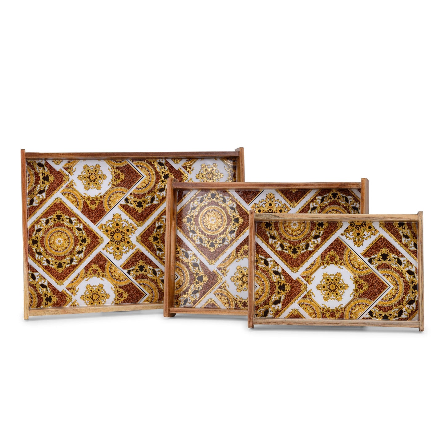 Royal Wooden Serving Tray with Gold & Brown Geometric Design (Large)