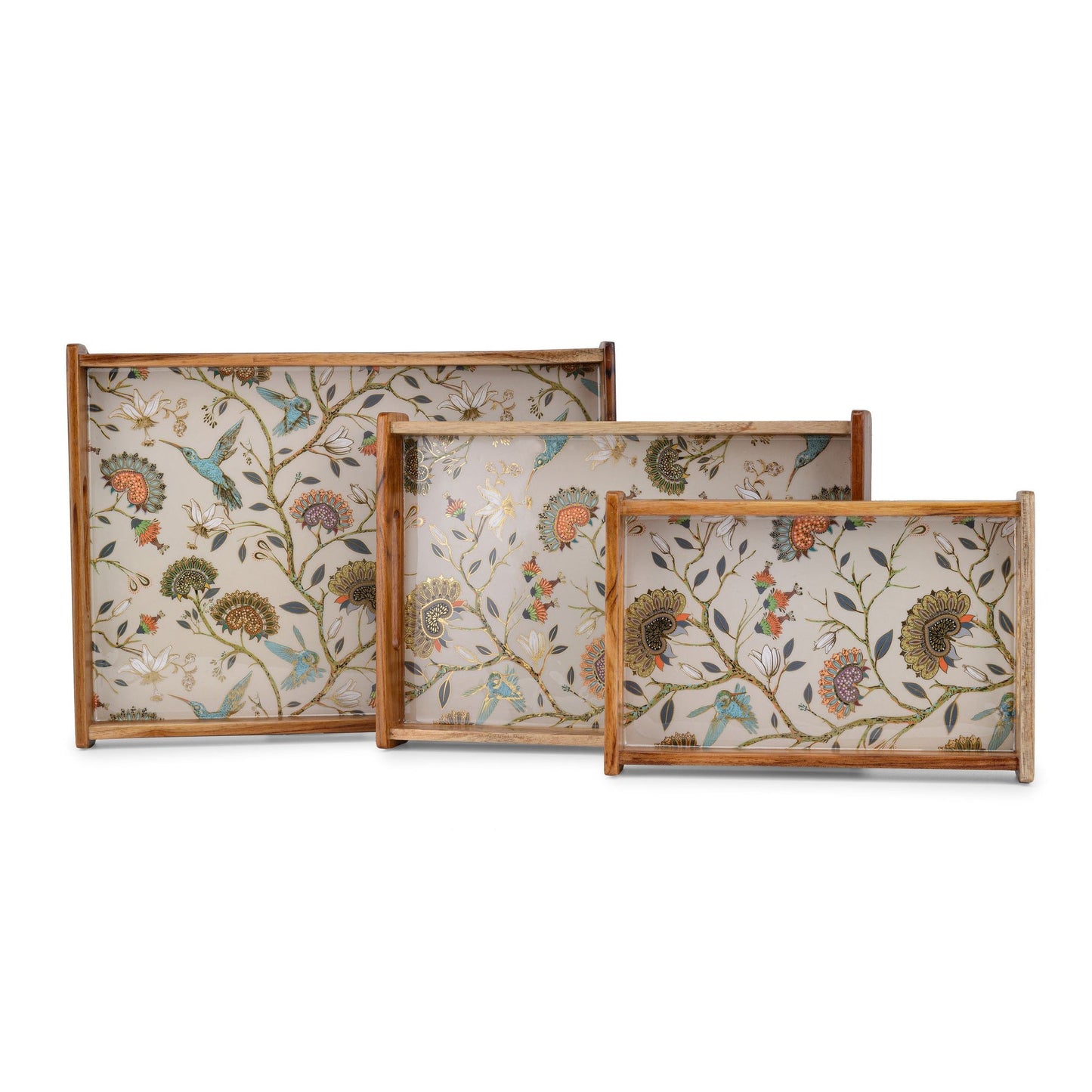Handcrafted Wooden Serving Tray with Peacock & Floral Design (Medium)