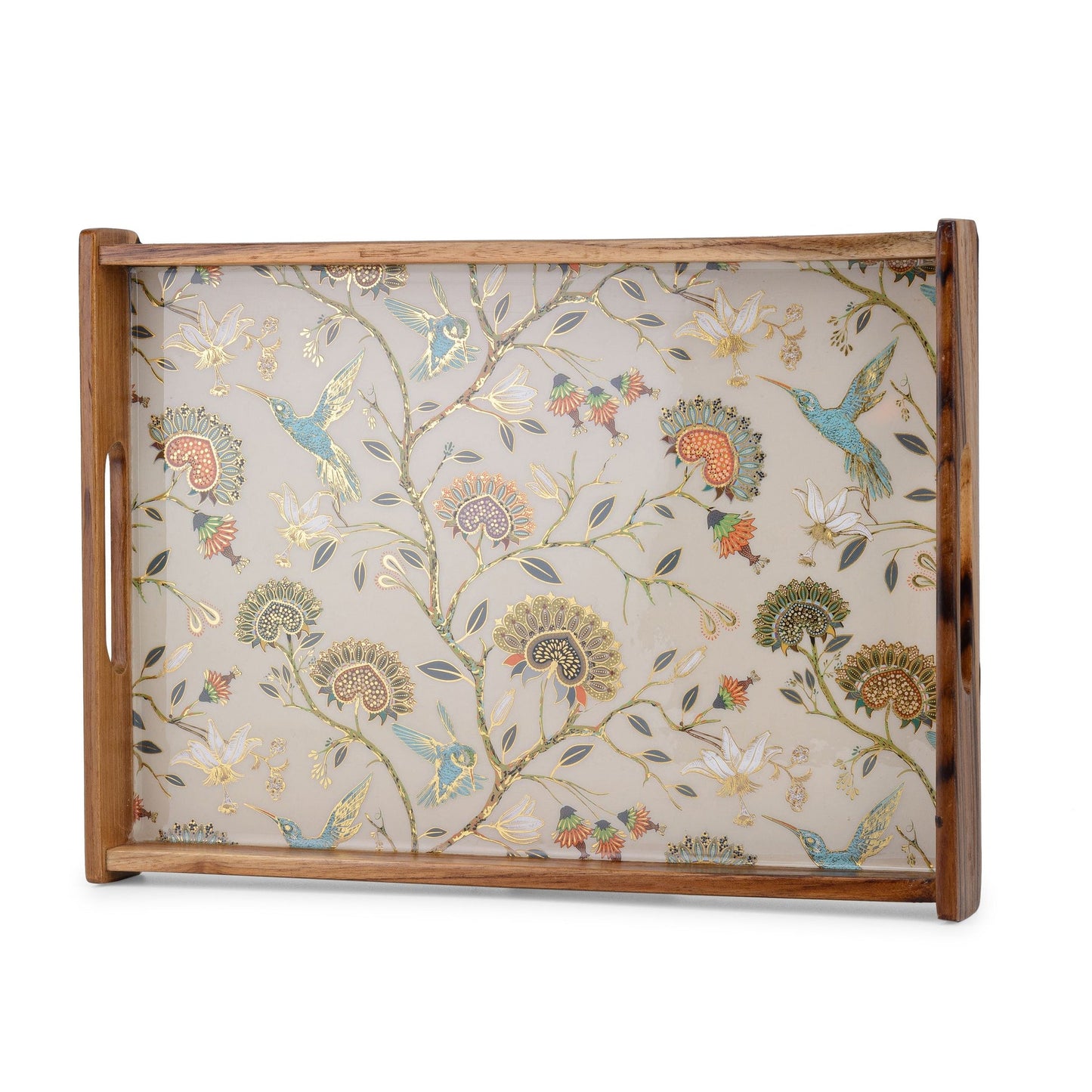 Handcrafted Wooden Serving Tray with Peacock & Floral Design (Medium)