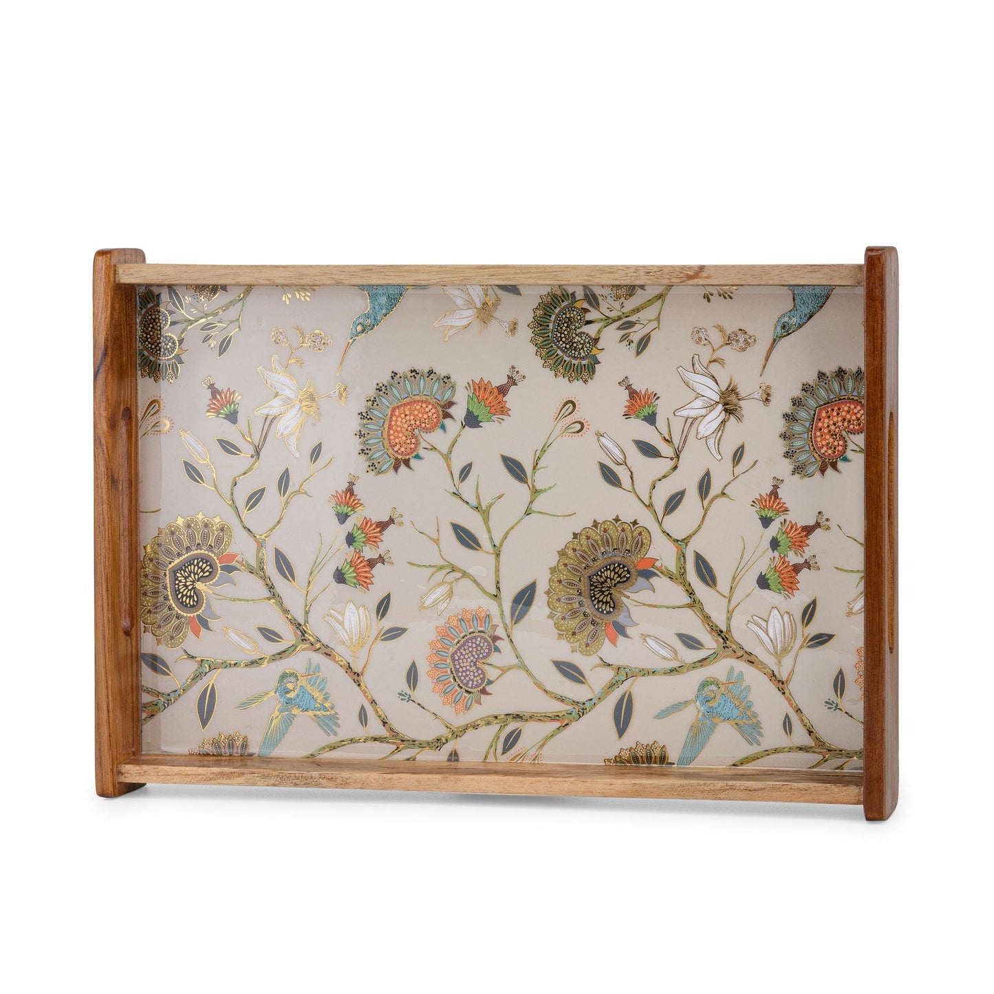 Handcrafted Wooden Serving Tray with Peacock & Floral Design (Medium)