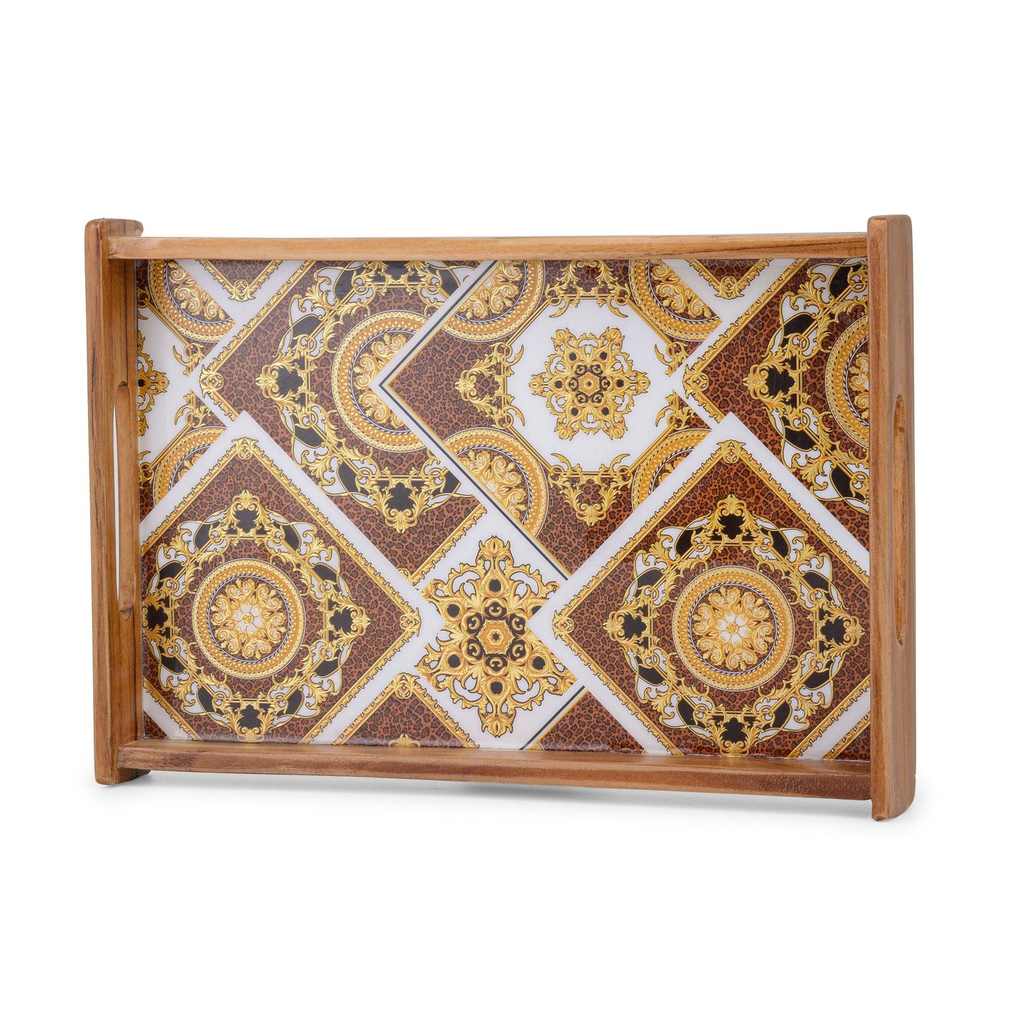Royal Wooden Serving Tray with Gold & Brown Geometric Design (Large)