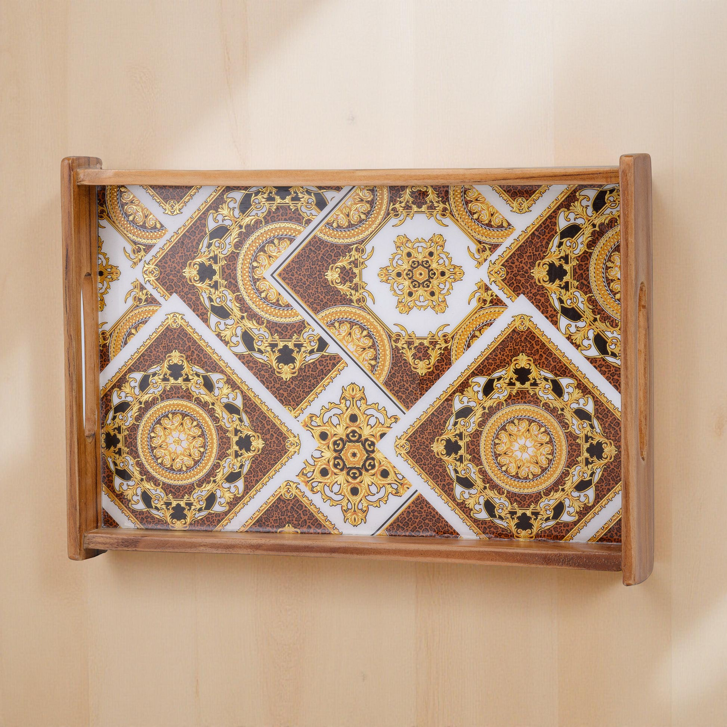 Royal Wooden Serving Tray with Gold & Brown Geometric Design (Large)