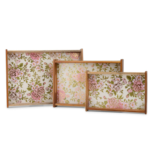 Elegant Wooden Serving Tray with Pink & Gold Floral Design (Large)