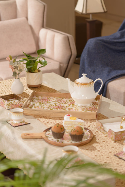 Elegant Wooden Serving Tray with Pink & Gold Floral Design (Large)