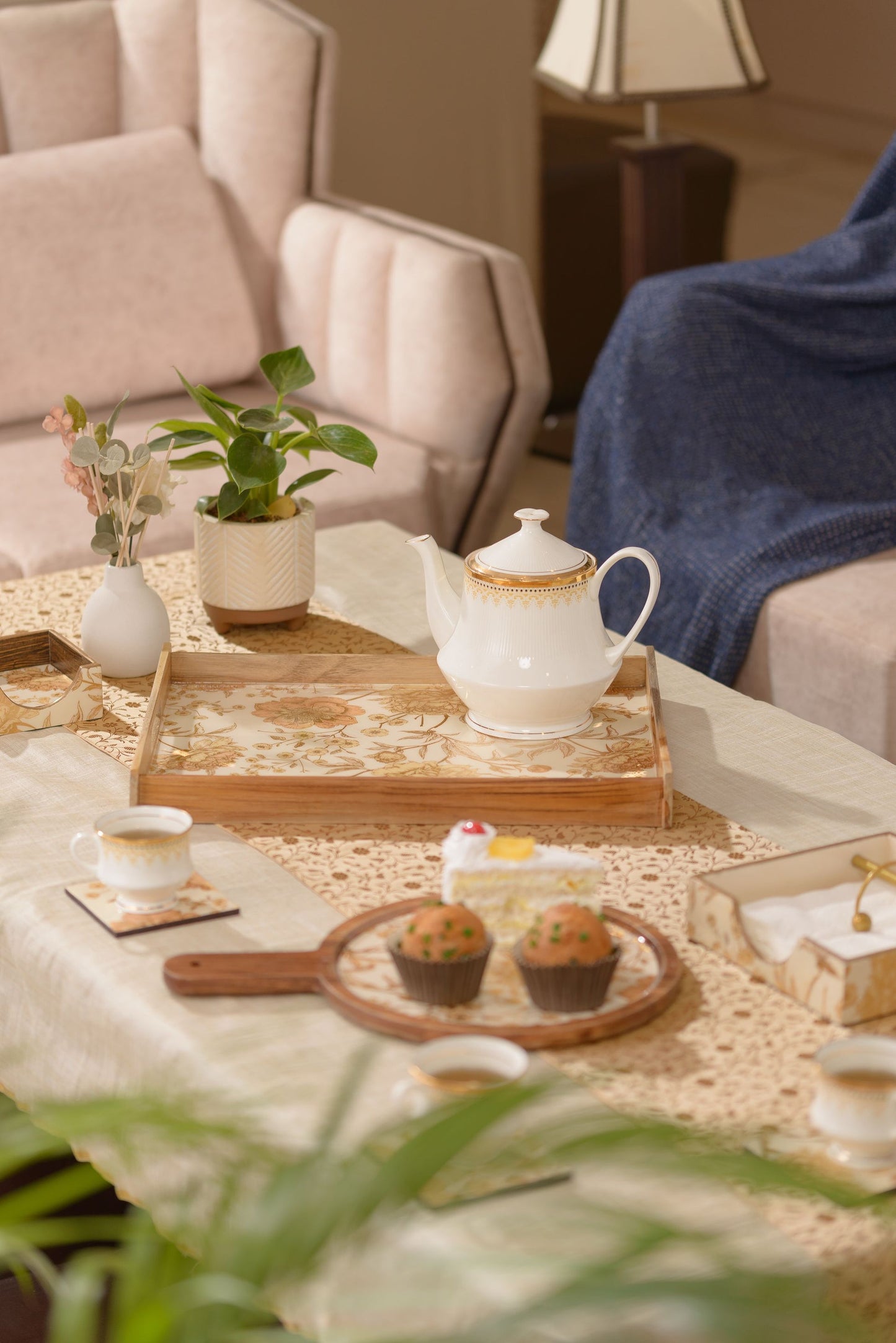 Luxury Wooden Serving Tray with Gold Floral Design (Small)