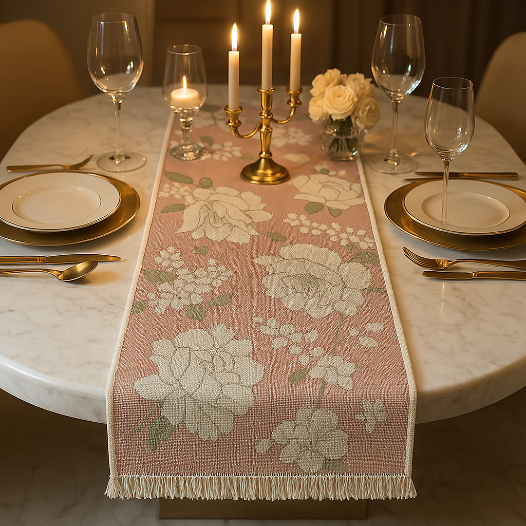 Baby Pink Table Runner with Subtle Floral Pattern (6 seater)