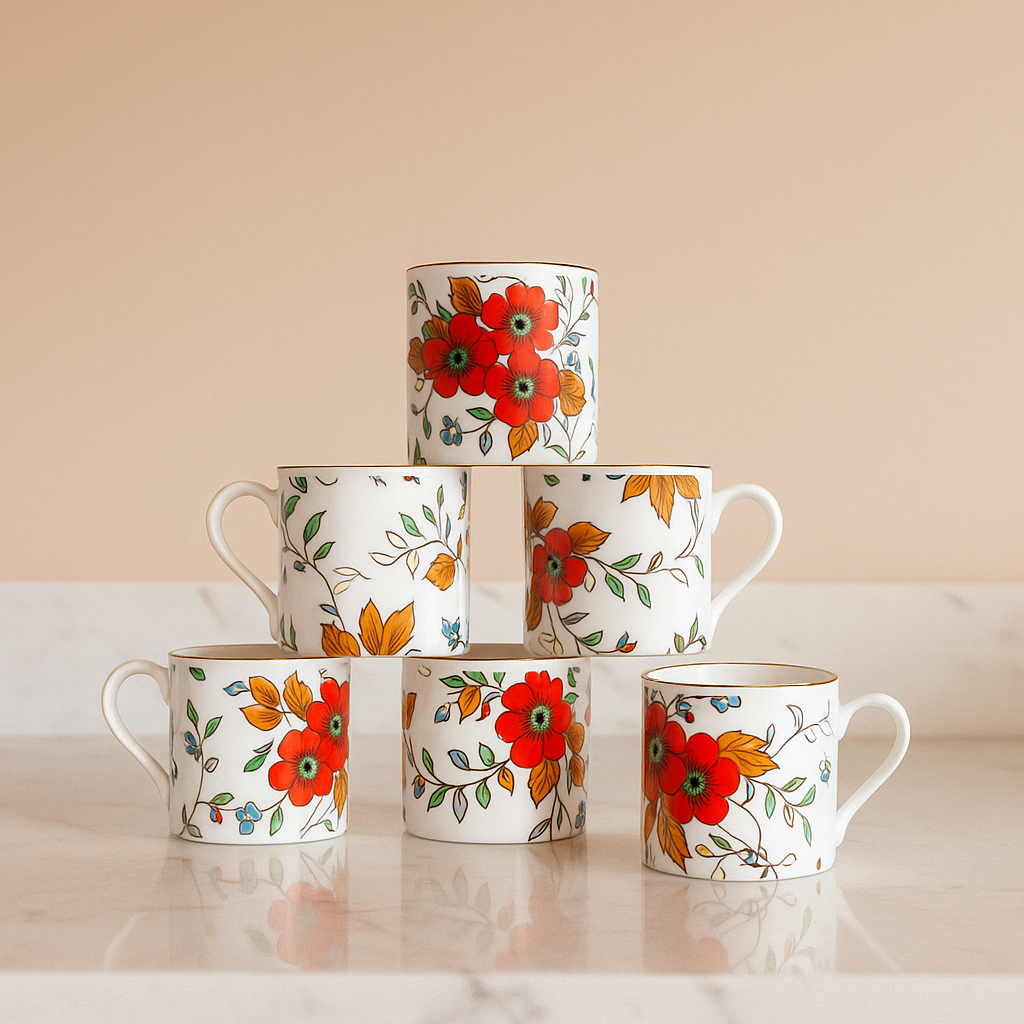 Red Floral Tea Cups – Set of 6 (Multicolor)