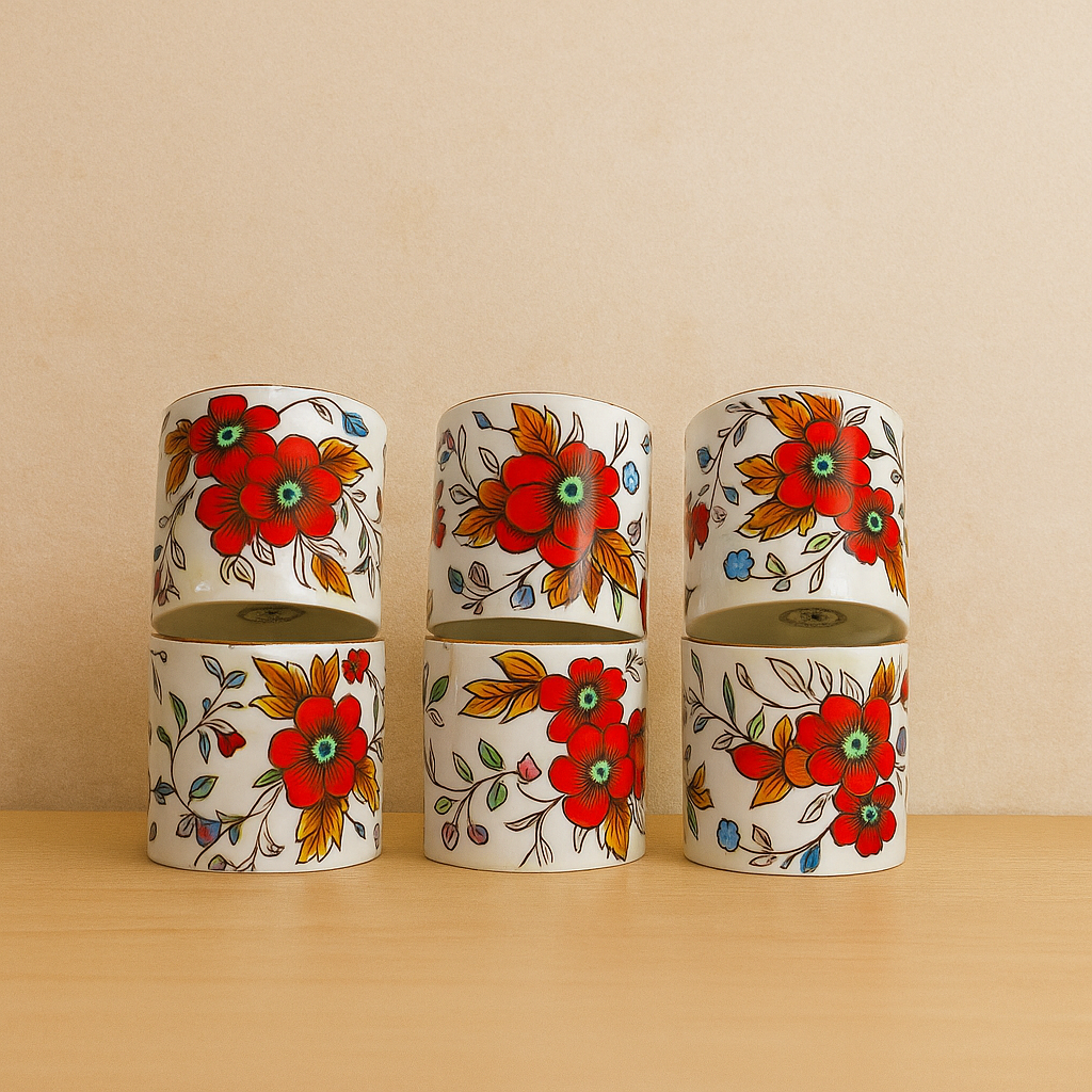 Red Floral Tea Cups – Set of 6 (Multicolor)