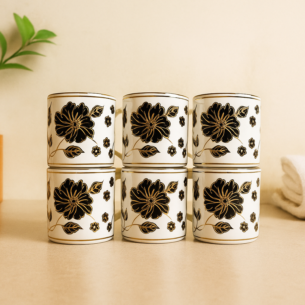 Elegant Black Floral Ceramic Mug Set – Gold-Accented (Set of 6)