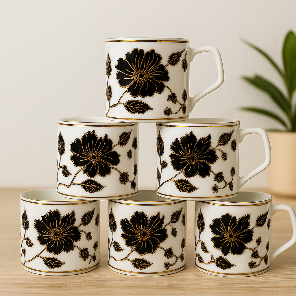 Elegant Black Floral Ceramic Mug Set – Gold-Accented (Set of 6)