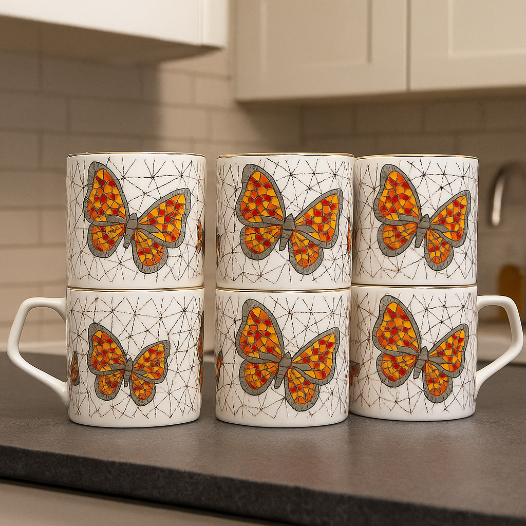 Butterfly Mosaic Ceramic Mug Set – Set of 6
