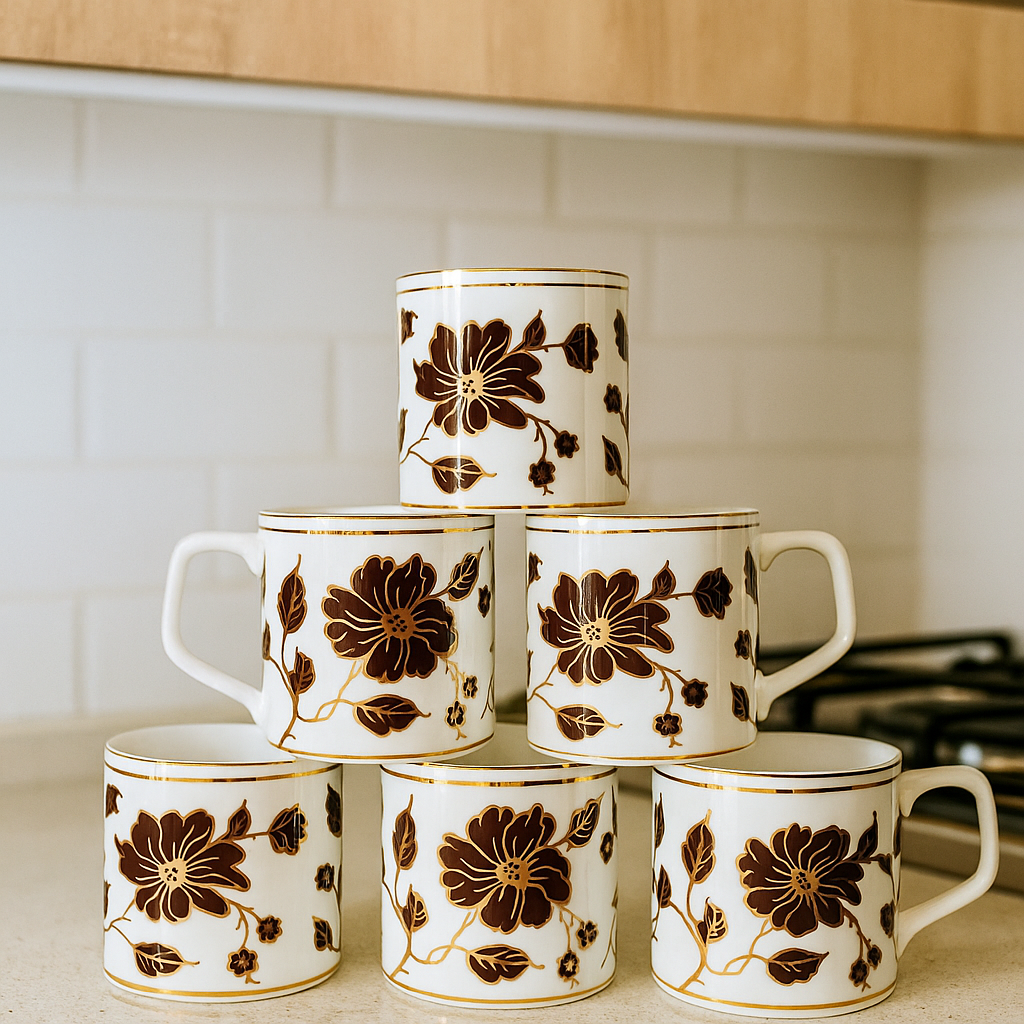 Elegant Black Floral Ceramic Mug Set – Gold-Accented (Set of 6)