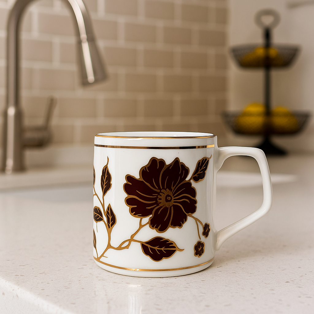 Elegant Black Floral Ceramic Mug Set – Gold-Accented (Set of 6)