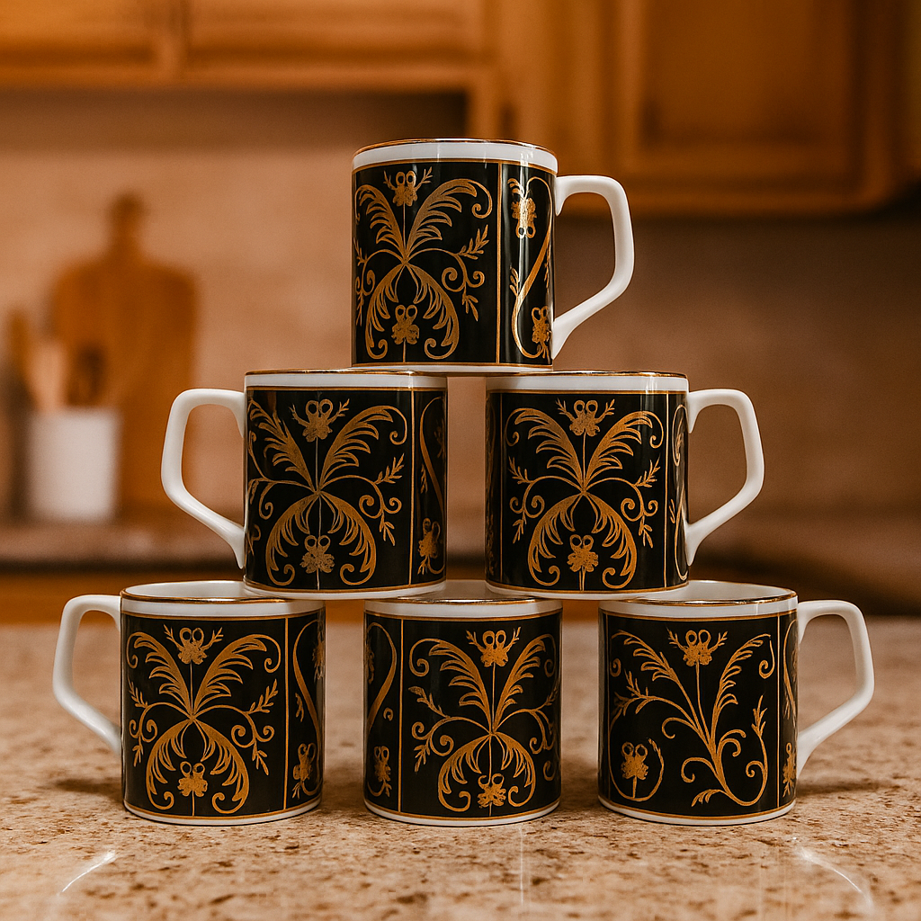 Royal Black & Gold Ceramic Mug Set – Set of 6