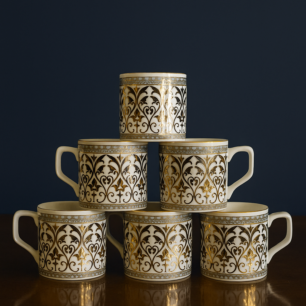 Regal Gold Filigree Tea Mug Set – Vintage-Inspired (Set of 6)