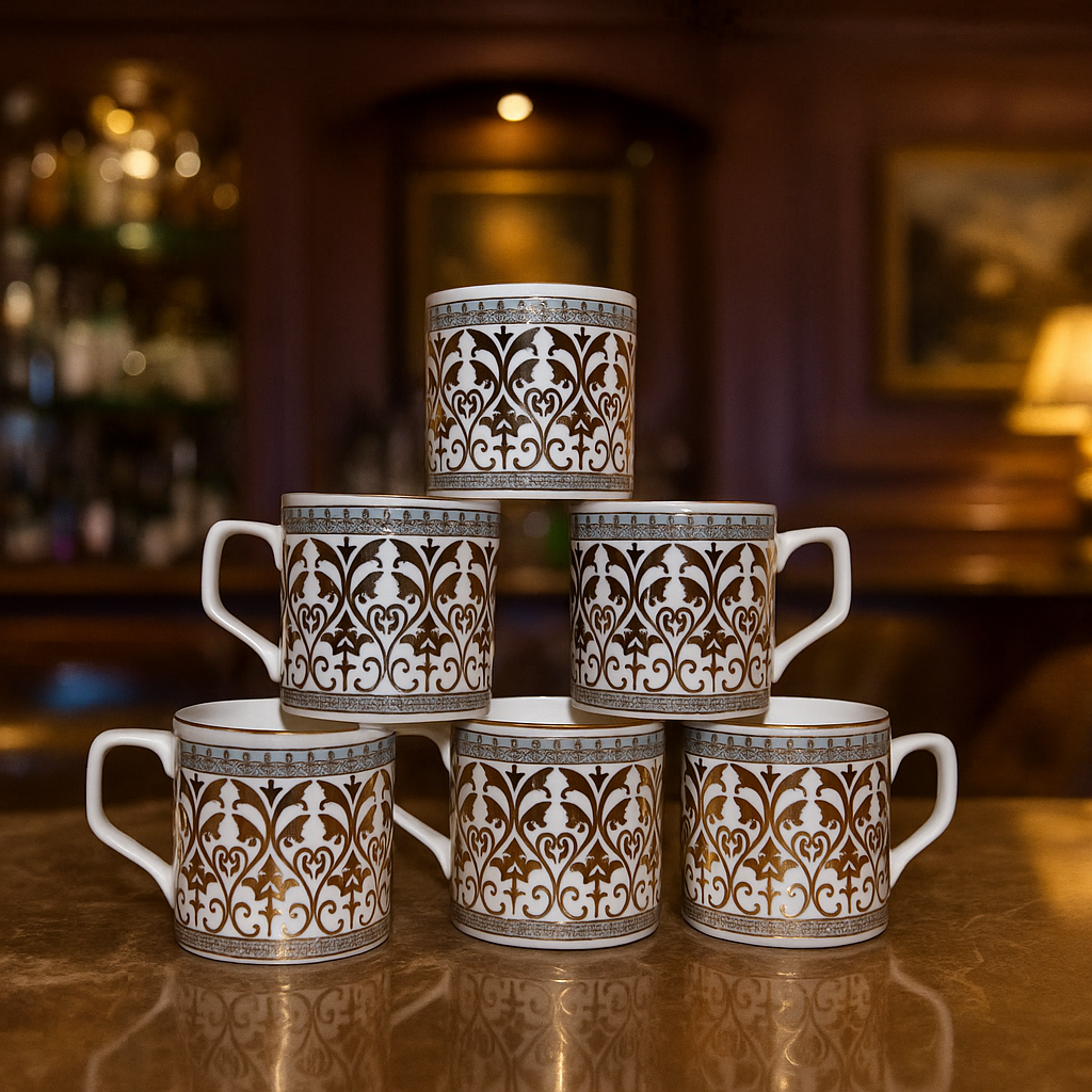 Regal Gold Filigree Tea Mug Set – Vintage-Inspired (Set of 6)
