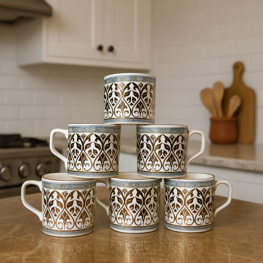 Regal Gold Filigree Tea Mug Set – Vintage-Inspired (Set of 6)