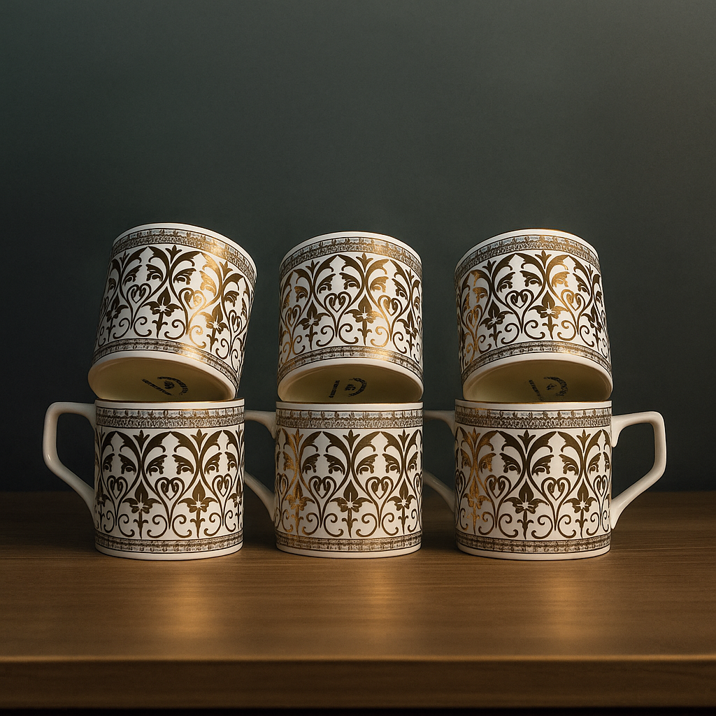 Regal Gold Filigree Tea Mug Set – Vintage-Inspired (Set of 6)