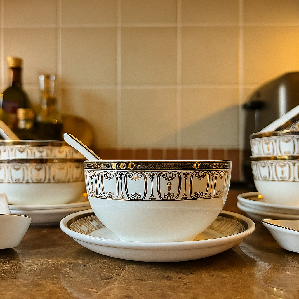 Regal Emblem – Gold Rimmed Soup Bowl Set with Saucers & Spoons (Set of 6)