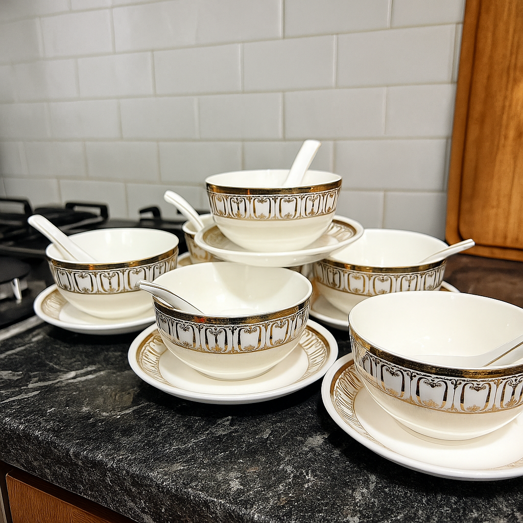 Regal Emblem – Gold Rimmed Soup Bowl Set with Saucers & Spoons (Set of 6)