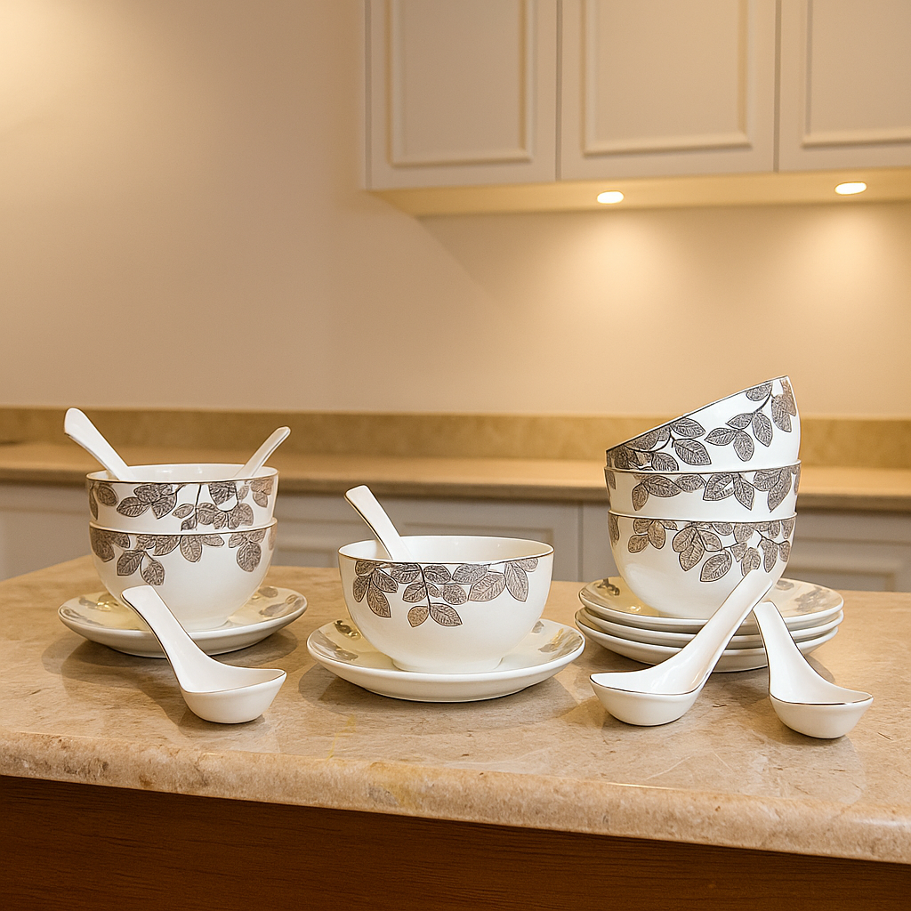 Silverleaf Harmony – Soup Bowl Set with Saucers & Spoons (Set of 6)