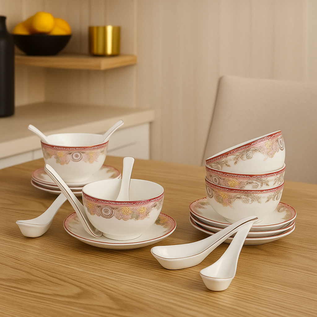 Empress Rose – Soup Bowl Set with Saucers & Spoons (Set of 6)