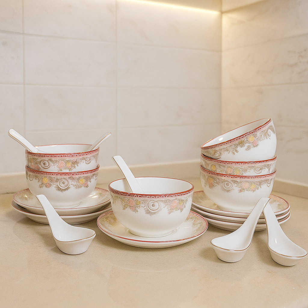 Empress Rose – Soup Bowl Set with Saucers & Spoons (Set of 6)