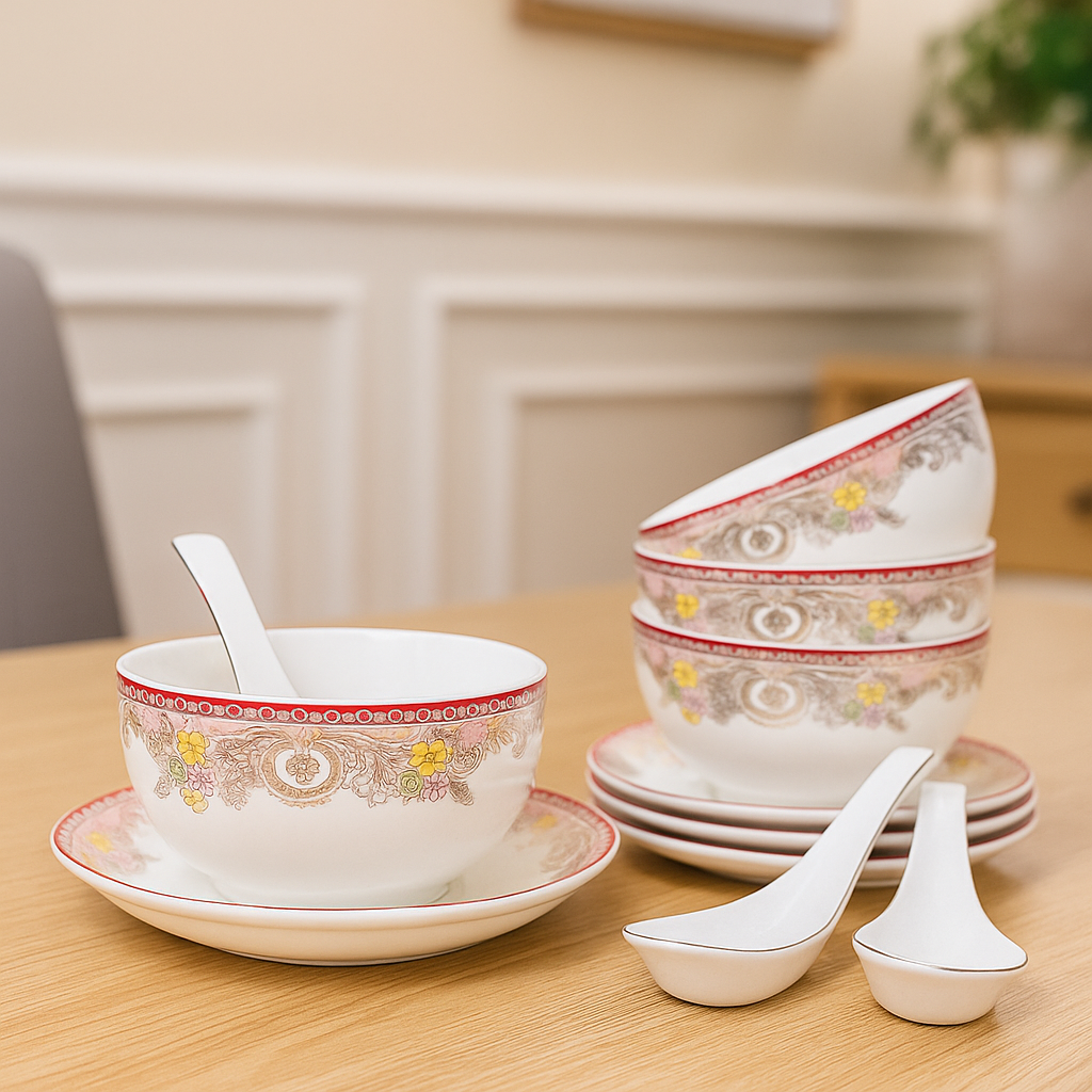 Empress Rose – Soup Bowl Set with Saucers & Spoons (Set of 6)