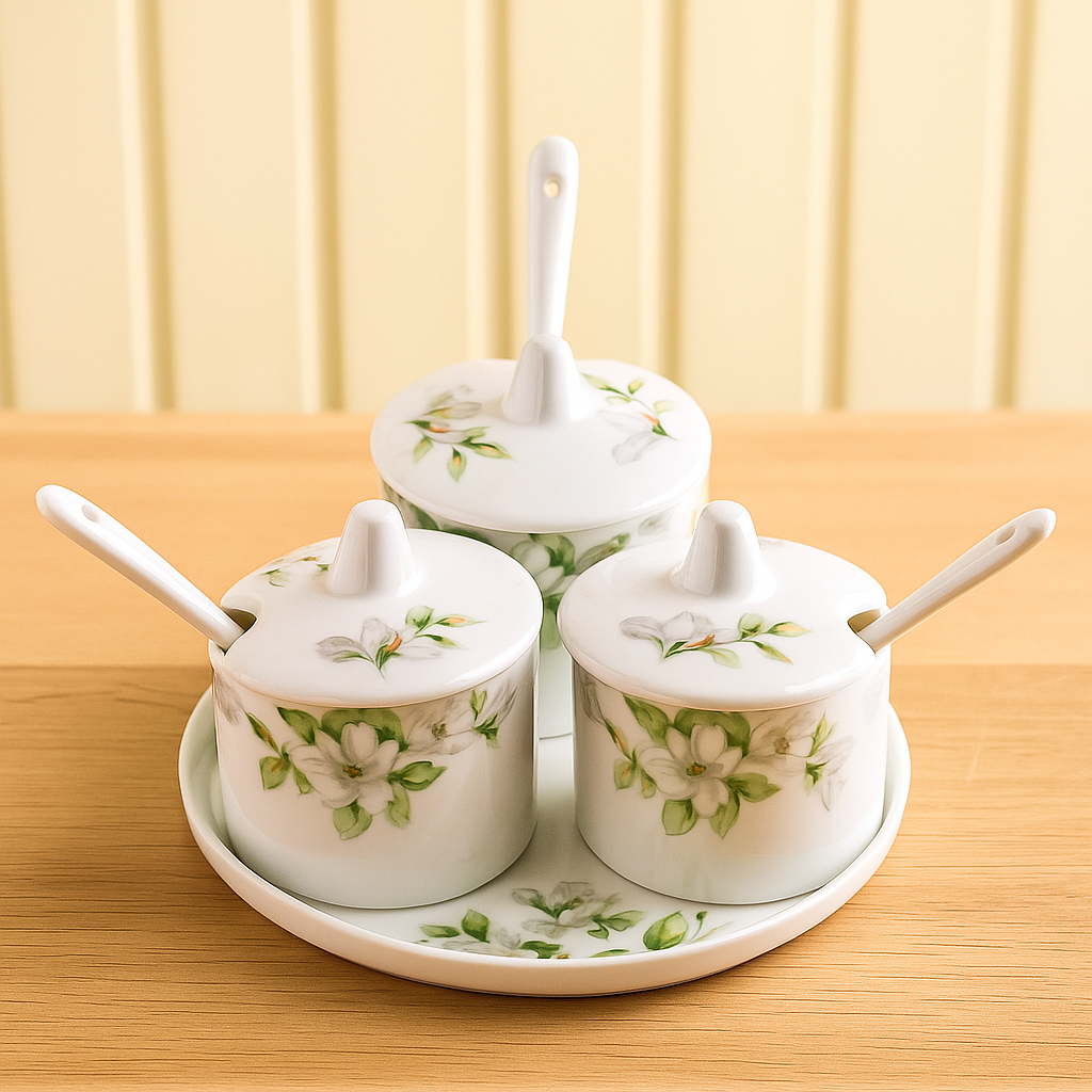 Ivory Bloom – Elegant White Floral Spice Jar Set (Set of 3)