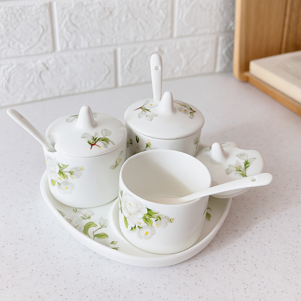 Ivory Bloom – Elegant White Floral Spice Jar Set (Set of 3)