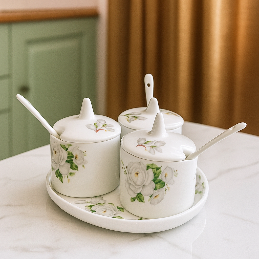 Ivory Bloom – Elegant White Floral Spice Jar Set (Set of 3)